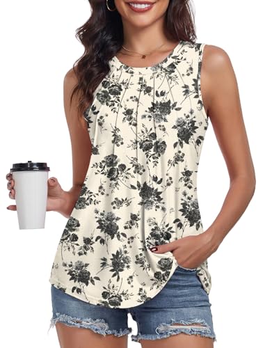 syoss Women's Summer Tank Tops Pleated Round Neck Sleeveless Trendy Tops for Women Dressy Casual L, Ink Roses