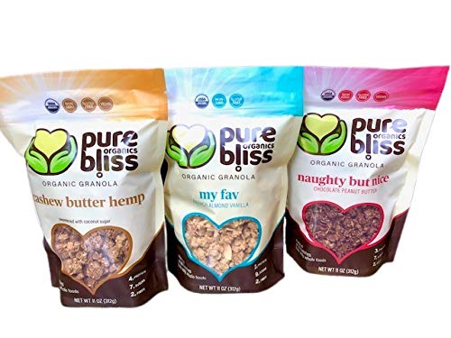 Pure Bliss Organic Granola Variety Pack, Gluten Free, Best Tasting, Non-GMO, Healthy Snack, Simple Real Food Ingredients, Includes One Of Each: Cashew Butter Hemp, French Almond Vanilla, Chocolate Peanut Butter (3 x 11 oz Pouches)