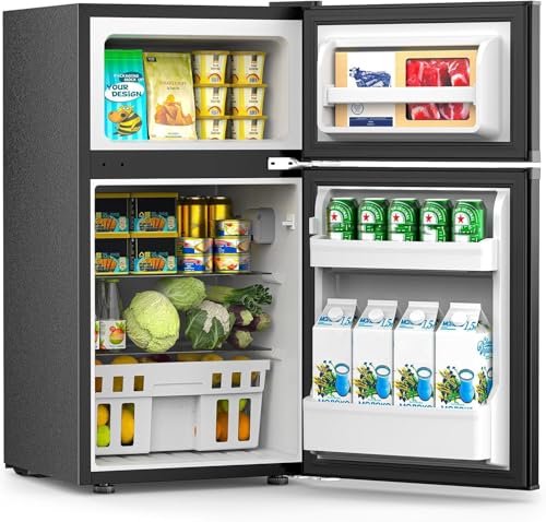 COWSAR 3.2 Cu.Ft Mini Fridge and Freezer Double Door Compact Fridge for Bedroom Adjustable Thermostat Energy-efficient Low Noise Small Refrigerator for Dorm Office Bar RV