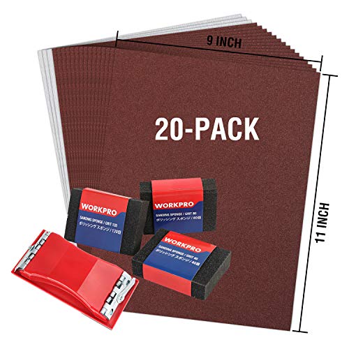 WORKPRO 24-Piece Sandpaper Combo Kit 80-600 Grit, with Sand Sponges 40/80/120 Grit
