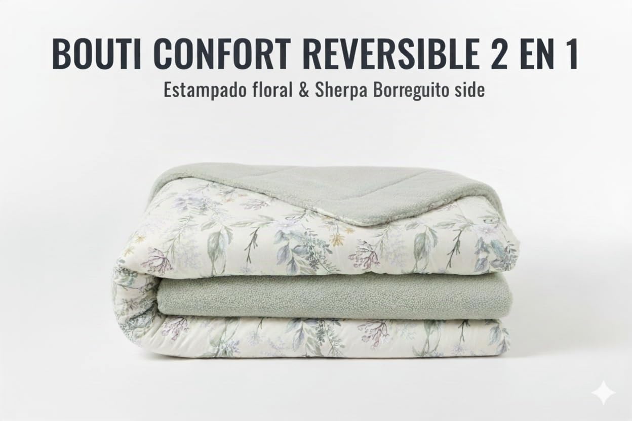 HaraDeco Edredón Sherpa Reversible Invierno 230x270 cm - Colcha Térmica con Borreguito 430gr para Cama 135, Boutí Estampado Incluye Fundas Almohada 50x70 cm para Entretiempo y Inviernos