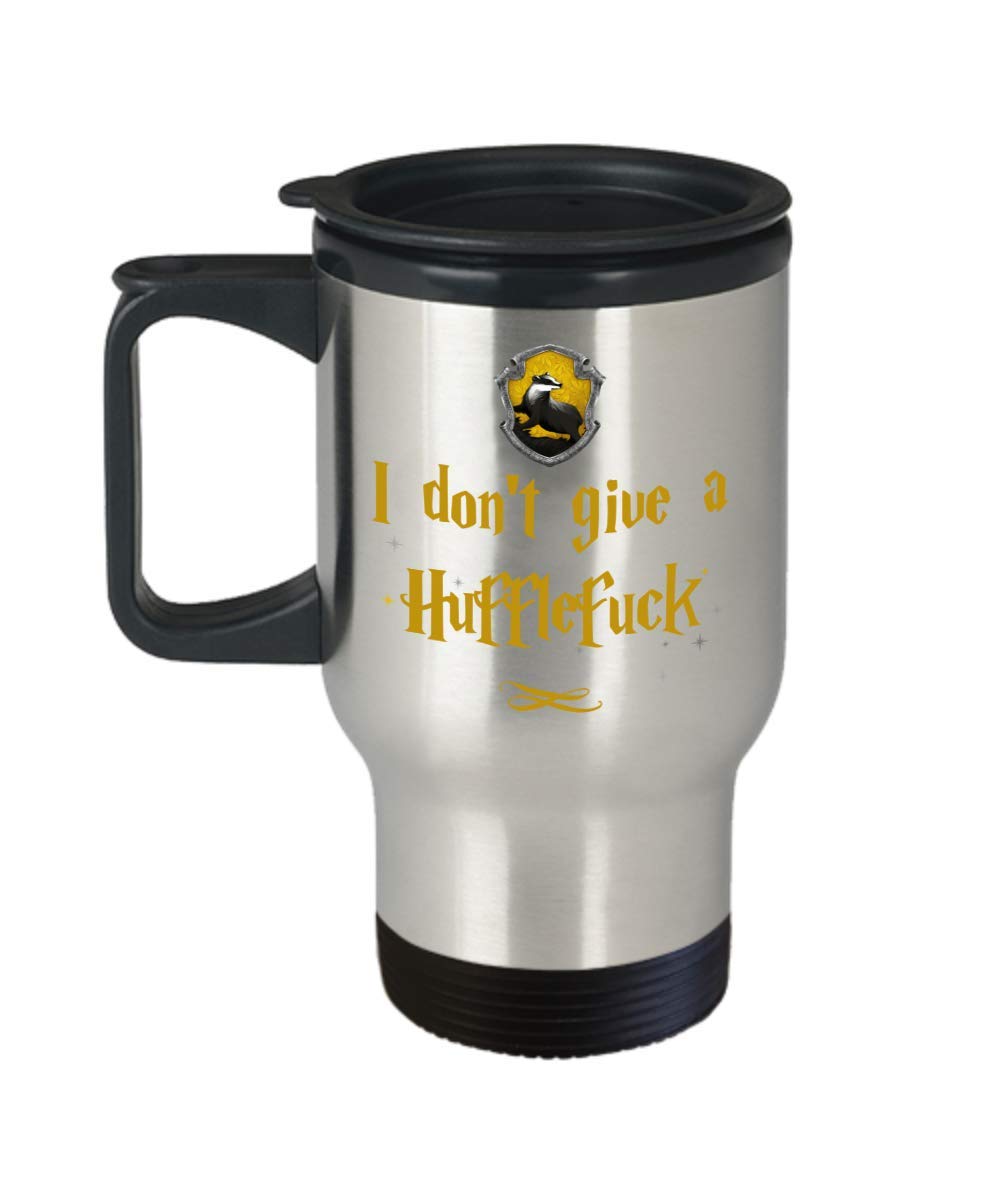 I Dont Give A Hufflefuck Pun Travel Mug for Nerd Geek Friends or Coworker Funny Wizard Sorcerer Mugs 14 oz Stainless Steel Insulated Adult Humor Potte