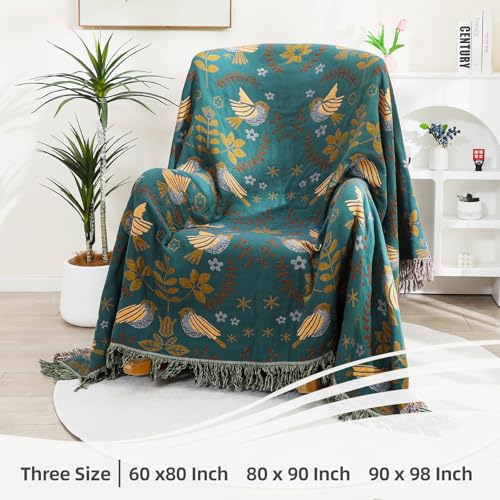 Image of VANJOROY Boho Throw Blanket, 100% Organic Cotton Breathable Ultra Soft 80 inch x 90 inch Bed Quilt Throw - Floral Rustic Bird Farmhouse Decor Luxury Reversible Blanket for Sofa Couch Chair and Gift,Teal /Beige