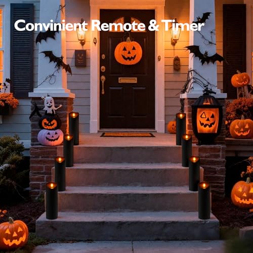 Image of Homemory 4 inchx12 inch Black Flameless Candles, Halloween Candles, Outdoor Waterproof Flameless Candles with Remote and Timers, Gothic, Battery Operated LED Pillar Candles, Won't Melt Plastic, 2Pack