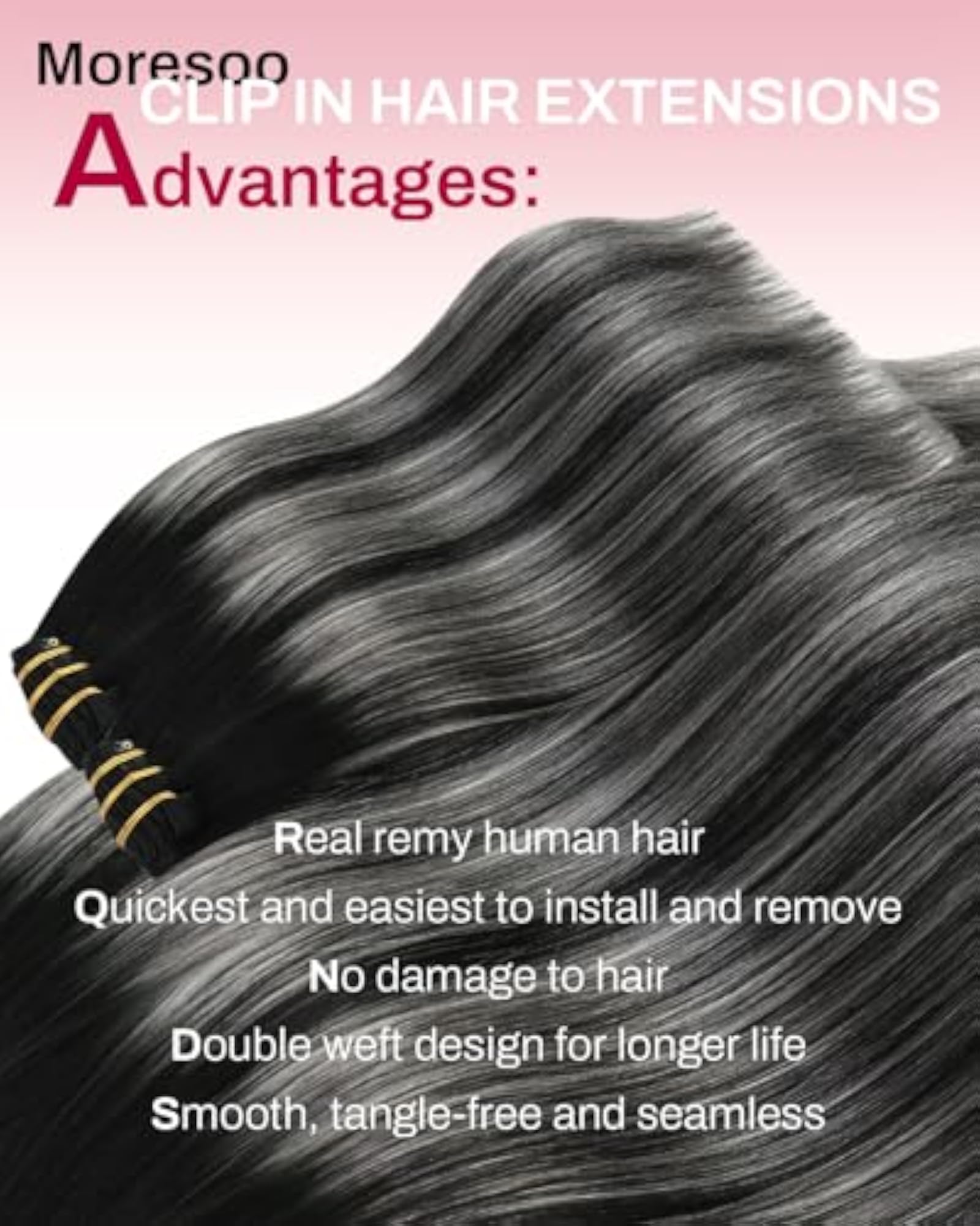 24 Inch Clip-In Extensions Human Hair Balayage, Off Black to Silver Grey