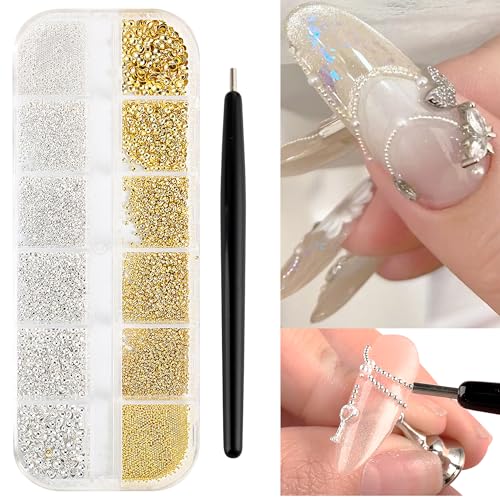 FSpronail Nail Beads with Nail Magnet Picker Tool 12 Grid 3D Caviar Beads Metal Nail Charms Gems Mixed Sizes Gold Silver Steel Balls Nail Art Design Decoration Manicure DIY Supplies