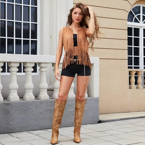 ISNOM Womens Cowboy Knee High Boots Cowgirl Boots Western Boots with Embroidered Pointed Toe Chunky Heel Slip on Retro Tall Boots4