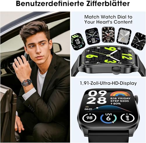 Smartwatch Herren Damen, 1,91" HD-Kurvdisplay Smart Watch mit Bluetooth Anrufen, 100+Sportmodi Fitnessuhr mit Herzfrequenz/Schlafmonitor/Schrittzähler, IP67 Wasserdicht Sportuhr für Android iOS 6