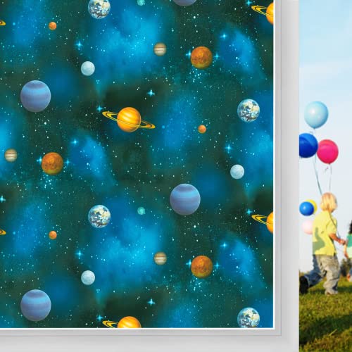 Window Privacy Film Galaxy Planet Stained Glass Film Sun UV Blocking Static Clings Home Decorative Vinyl Stickers for Kids Non-Adhesive Heat Control Opaque Frosted Decal for Bedroom(17.5 x 78.7 Inch)