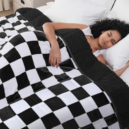 Weighted Blanket for Adults, 20lbs Sherpa Flannel Weighted Blanket Queen Size, Soft Fluffy Fleece Checkerboard Weighted Blankets for Calming and Relax, Plaid Black, 60" x 80"