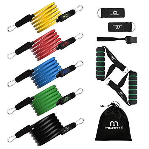 Weerstandsbanden, MENNYO Sport Elastiek Banden 5 Set Resistance Bands Fitnessband Oefenbanden met 2 Handvatten, 1 deuranker, 2 Voetriemen, 1 Draagtas voor Krachttraining, Fysiotherapie, Thuistraining