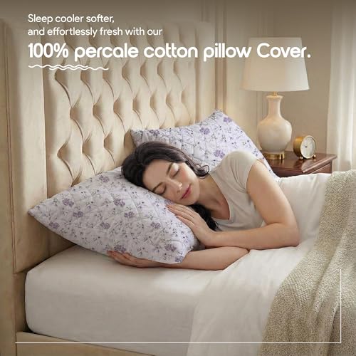 Image of LINENWALAS Printed Cotton Quilted Pillow Cover-Set of 2 | Ultra-Soft, Cooling & Breathable|Skin&Hair Friendly | Zipper Closure | Sweat-Absorbent & Hypoallergenic (18x28 Inches, Lavender Haze)
