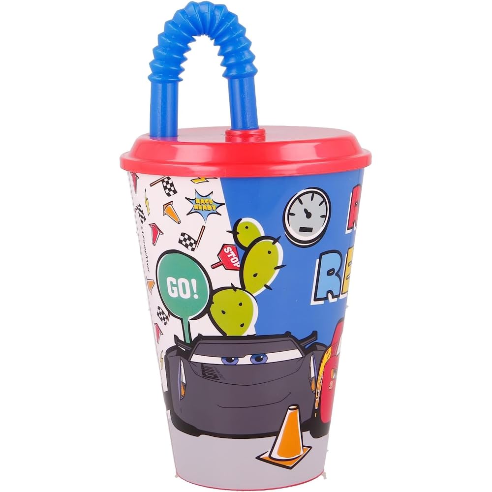 Gobelet avec paille pour enfants Cars Disney, verre en plastique réutilisable semi-rigide BPA Free capacité 430 ml