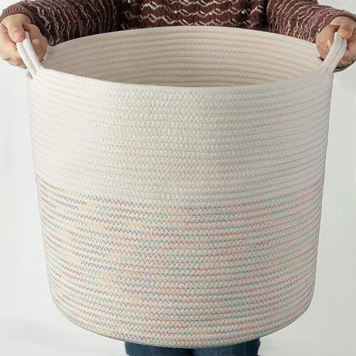 COSYLAND Cesto de Ropa Sucia de Cuerda de Algodón D38 x H35 cm – Cesta para la Ropa Sucia con Asas – Cesto Plegable para Mantas, Juguetes y Lavandería – Multicolor