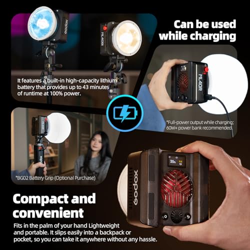 Image of Godox ML40Bi Bi-Color Pocket LED Video Light, 60W, 2800K-6500K, CRI≈96, Built-in 4800mAh Battery (2PCS), 42mins, Magnetic Back, App & NFC Control, Portable for YouTube /TikTok /Photography
