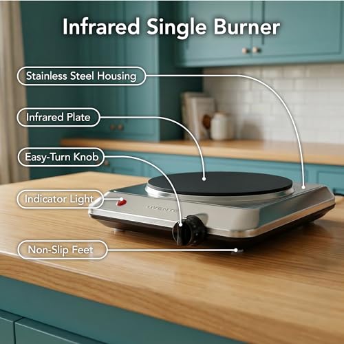 Image of OVENTE Countertop Infrared Single Burner, 1000W Electric Hot Plate w / 7.5 inch Ceramic Glass Cooktop, 6 Level Temperature Setting & Easy to Clean Base, Compact Stove for Home Dorm Office, Silver BGI201S
