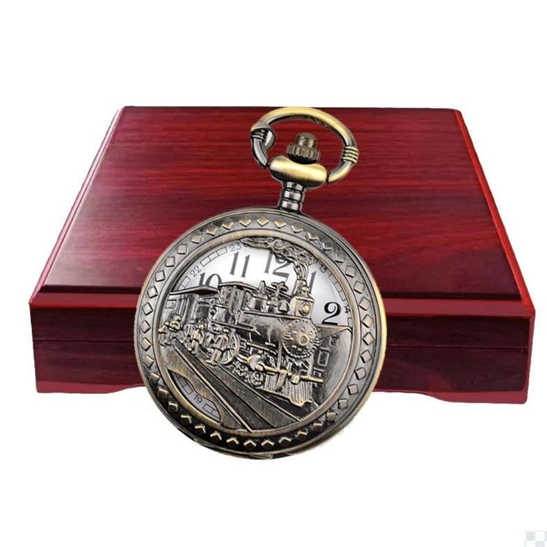 Image of Udaney Locomotive Pocket Watch with Wooden Gift Box for Men | Locomotive Engraved Design | Vintage Pocket Watch | Wooden Gift Box Included | Collectible Keepsake | Ready to Gift