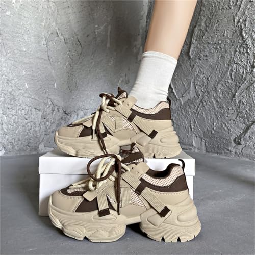 Womens Leather Platform Chunky Heels Sneakers Casual Breathable Lace Up Walking Dad Shoes Comfortable Fashion Sneakers4