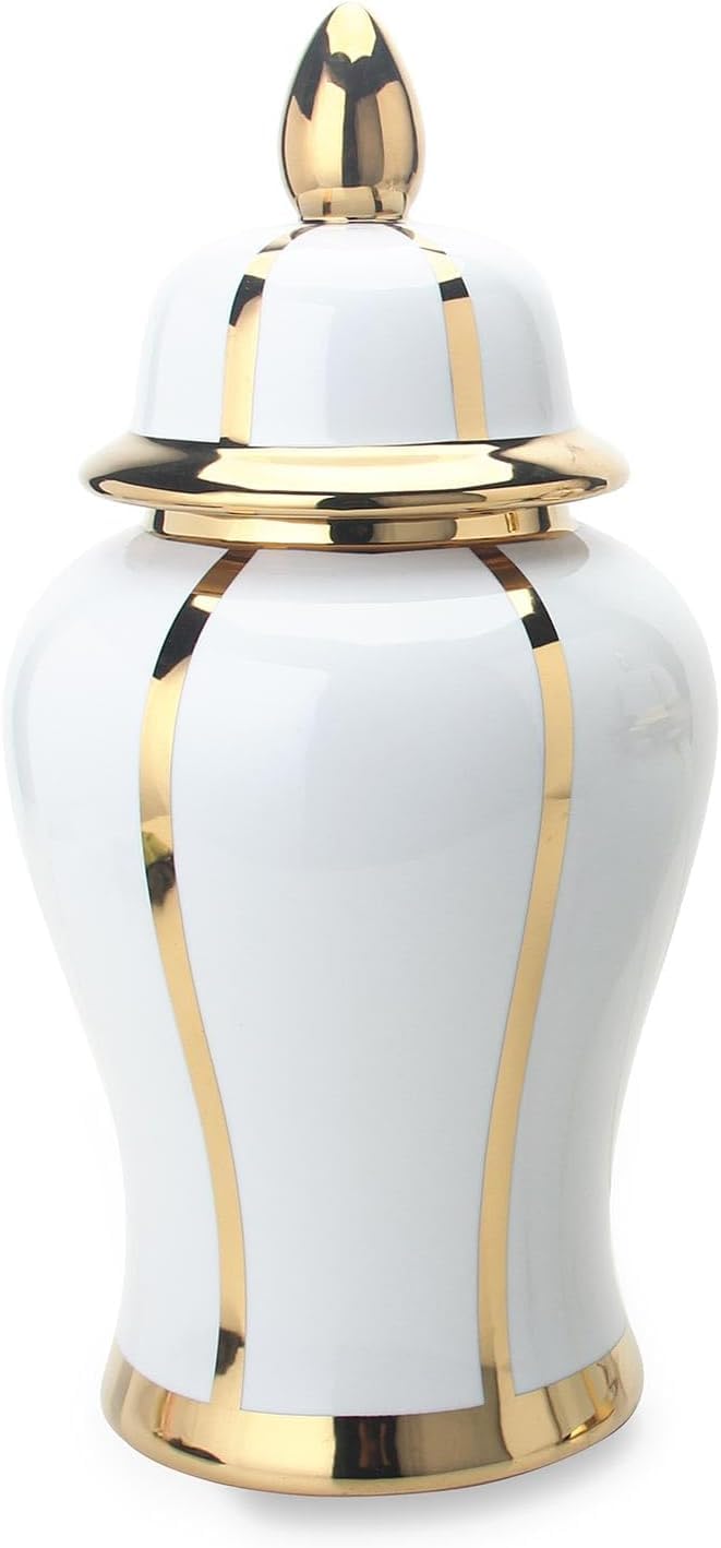 Vase Tabletop White Gold Accent Ceramic Modern Ginger Jar with Lid Home Decor Accent