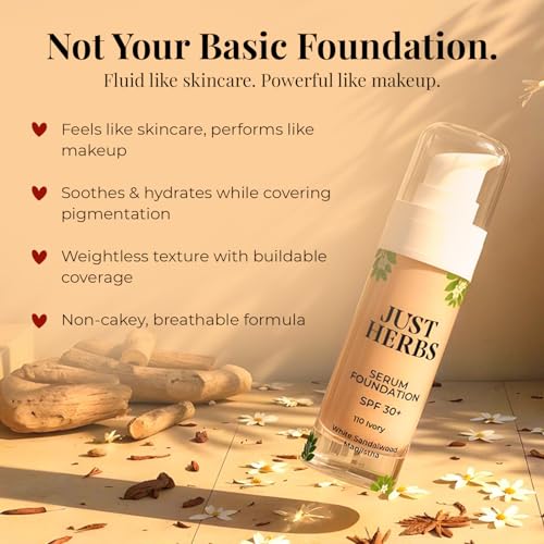 Image of Just Herbs Serum Foundation SPF 30+ | Buildable Coverage & Natural Finish | No Parabens, No Mineral Oil | For Indian Skin Tones | Lightweight & Hydrating | 30 ML (IVORY)