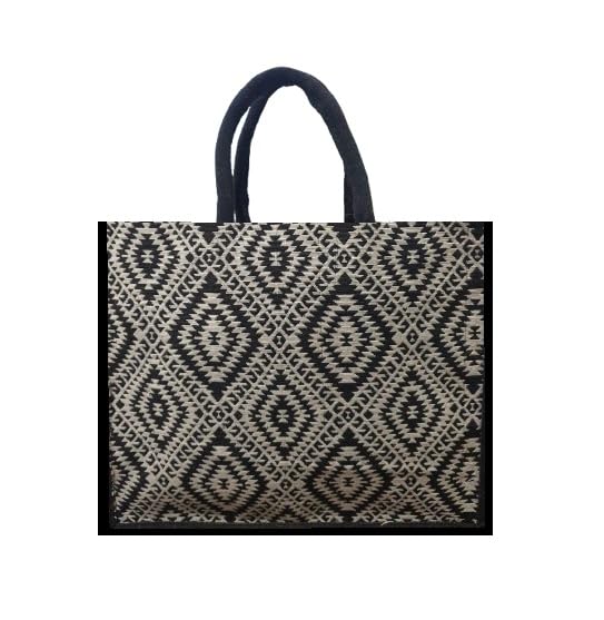 Bagvillaa - Geometric Pattern Jute Tote Bag, Black and White Diamond Design, Cotton Handles-image-43