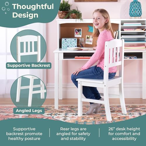 Image of Guidecraft Kids Media Desk and Chair Set - White: Kids Writing Desk with Hutch and Storage Shelves, Computer Workstation with Corkboard, Wooden Desk Set for Boys and Girls