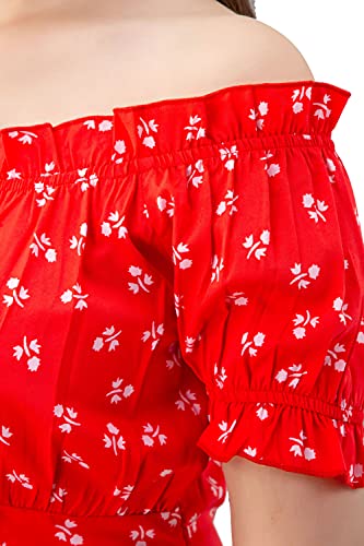 Image of Women Floral Print RED Color Off Shoulder Dress