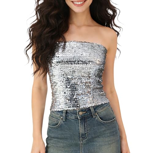 MehelloFeather Sequin Tube Top Silver Stretchy Womens Sparkly Strapless Crop Tops for Party Clubwear