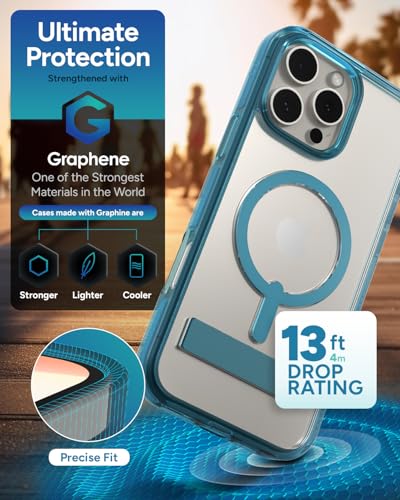Image of ZAGG Santa Cruz Snap with Kickstand Case for iPhone 16 Pro Max - MagSafe Compatible, 13ft Military-Grade Drop Protection, Reinforced with Graphene, Clear Case with Vibrant Color Accents, Retro Blue