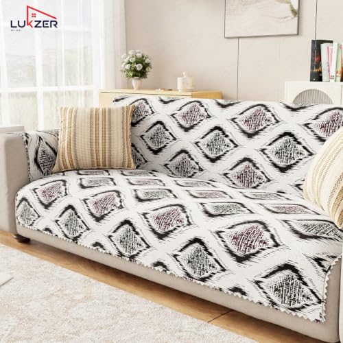 Image of Lukzer 3 Seater Sofa Cover Quilted Reversible WaveEdge Ultrasonic Cut Sofa Mat with Back and Hand Rest Covers - Ikat Rose - Washable Sofa Protector for Modern Living Room 180 x 150 CM /SC-203-03WB
