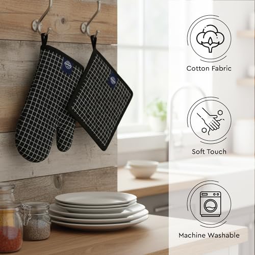 Image of Encasa XO Heat Resistant 100% Cotton Oven Glove & Potholder Set with Loop, Kitchen Cooking Mittens, Microwave Safe Hot Pads (Butcher Checks Black)