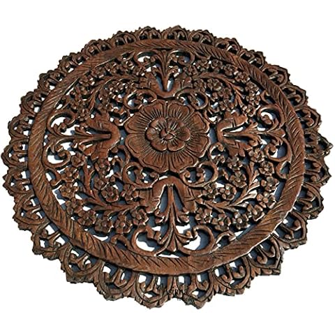 Tropical Bali Wood Carved Wall Art Plaque. Round Wood Wall Decor. Floral Wood Wall Hanging. 24" (Dark Brown) Cover