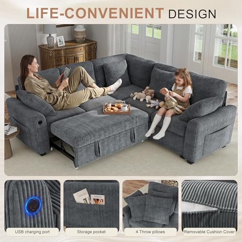 Image of Hanherry Sectional Sofa with Pull Out Couch Bed, 5 Seats Corduroy Sleeper Sofa with 2 Seat Storage & USB Charging,Comfy L Shaped Modular Couches for Living Room,Apartment