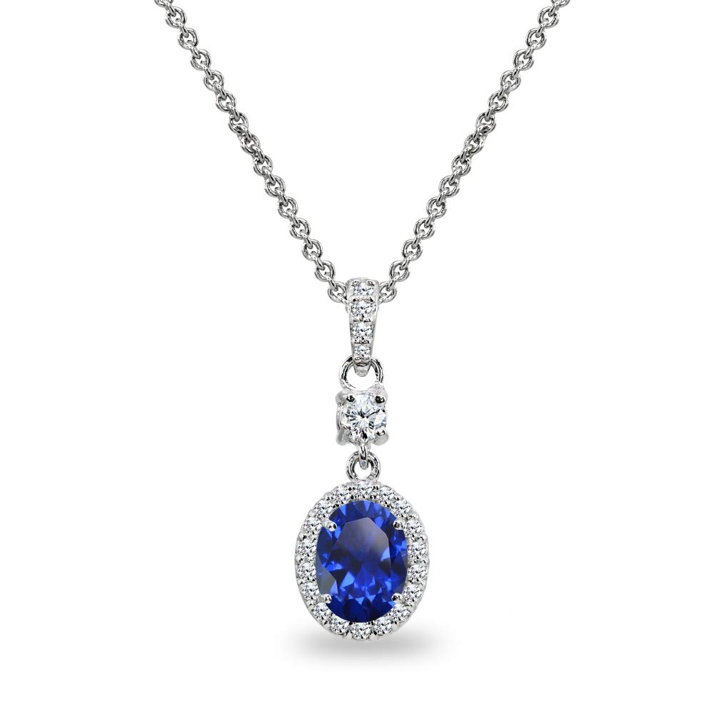 B. BRILLIANTSterling Silver Genuine or Synthetic Gemstone & Cubic Zirconia 8x6mm Oval-Cut Halo Pendant Necklace