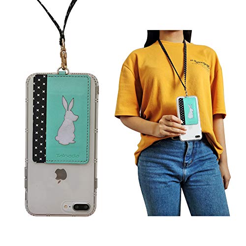 Image of Tainada Stick On Wallet with Detachable Neck Lanyard, Adhesive ID Credit Card Cash Holder with Faux Leather Animal Silhouette Compatible with Most Cell Phones + One Cord Wrapper (Turquoise Rabbit)