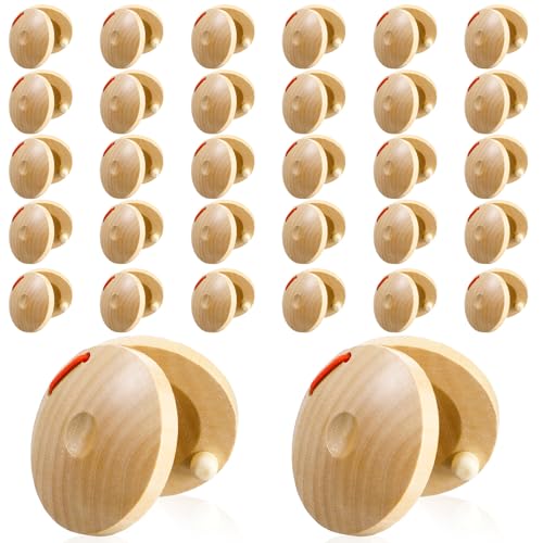 32 Pcs Finger Castanets Wooden Musical Instrument for Adults Natural Wood Hand Percussion Clap Board Rhythm Tools for Party Performance & Music Practice (2.1 x 2.1 in)