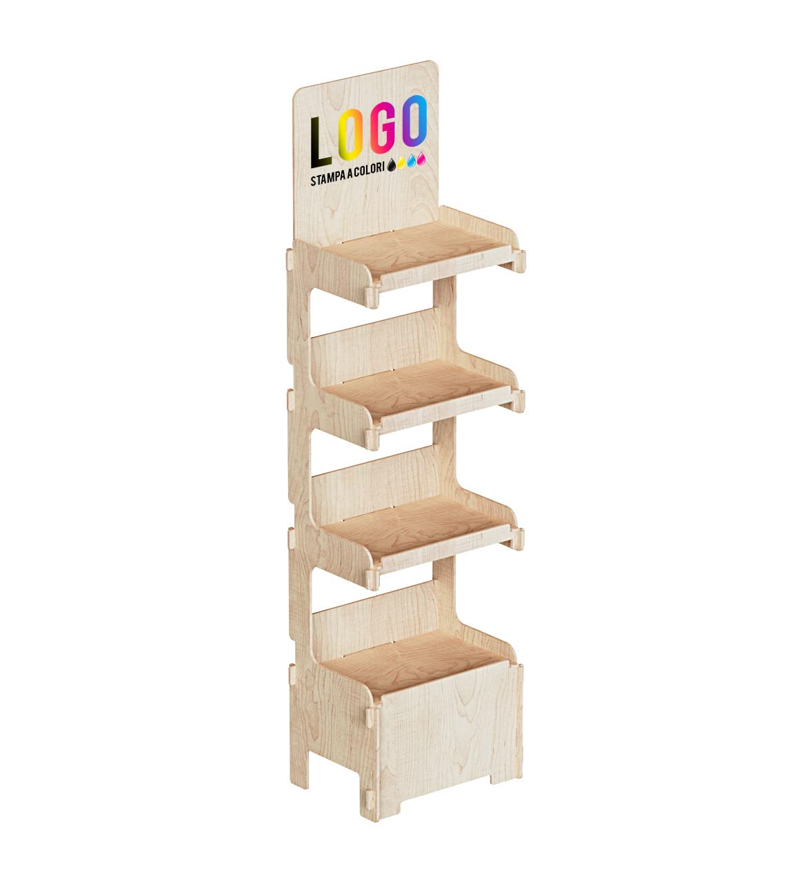 Cemab-Espositore in legno, Ecologico, Tokyo 4 piani (largh. 45 cm + stampa del tuo logo)-montaggio facile ad incastro.