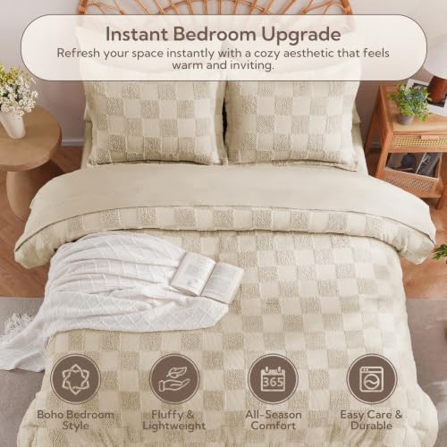 Image of MR&HM 7 Pieces Comforter Set Full, Checkered Boho Tufted Bed Set Linen