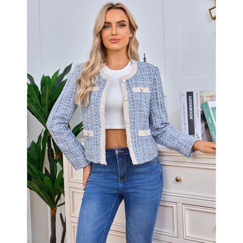 Women's Tweed Blazers Cropped Long Sleeve Crewneck Open Front Lace Trim Lightweight Plaid Work Business Jackets3
