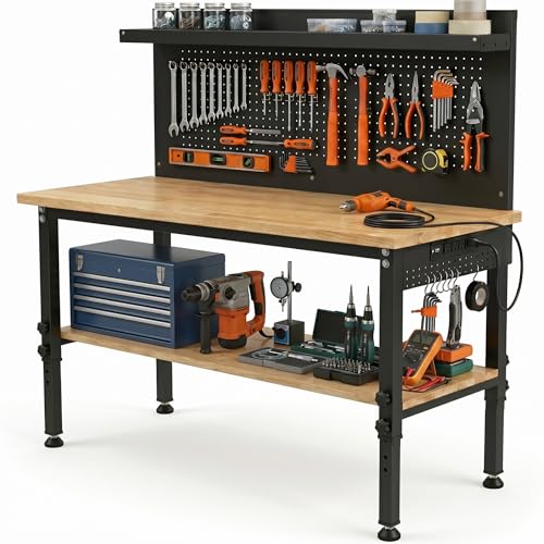 Image of 60'' Adjustable Workbench with Storage Shelf & Pegboard - Max Load 2000 LBS, Heavy Duty Rubber Wood Tabletop Tool Bench with AC /USB Outlet, Garage Organization, Work Benches for Workshop, Office