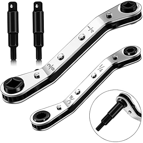 Hvac Service Wrench Tools:3/16” to 3/8” 5/16'' x 1/4''Air Conditioner Valve Ratchet Wrench with 2 Hexagon Bit Adapter Kit for Air Refrigeration Tools and Equipment Repair Tools Clearance Cover