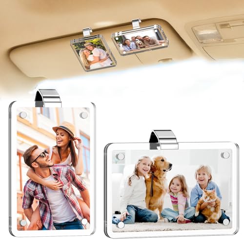 LiftRemote Car Picture Holder & Car Visor Photo Clip Clear Acrylic Magnetic Frame for Auto Accessories Compatible with Instax Mini Polaroid Go & Wallet Size Family Pet Photos (2 Pack)