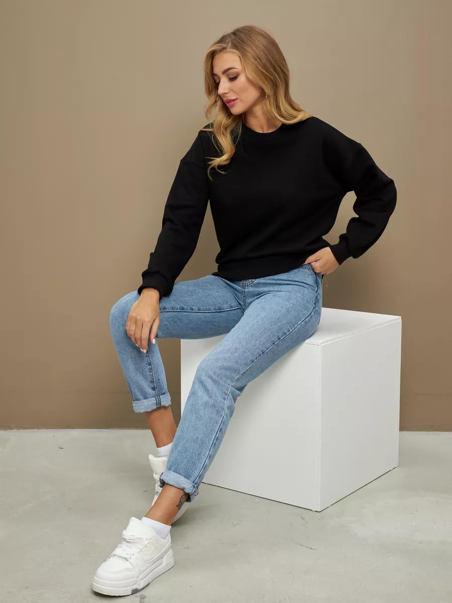 LEOTUDE Women's Oversized Round Neck Loopknit Loose Sweatshirt (GRLW11RED_P_Black1_S) - Image 4 thumbnail