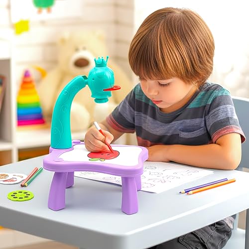 Image of VGRASSP Creative Drawing Projection Table Toy Set for Kids with 12 Color Markers - Educational Tracing Learning Projector Desk with 3 Slides and Art Book for Boys and Girls - Color As Per Stock