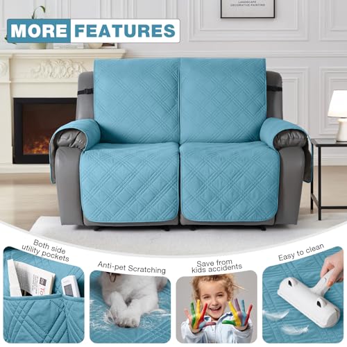 Image of TAOCOCO 100% Waterproof Loveseat Recliner Cover, Non Slip Split Recliner Couch Cover with Elastic Straps, Washable Reclining Sofa Cover Furniture Protector for Kids, Pets(2 Seater, Sky Blue)