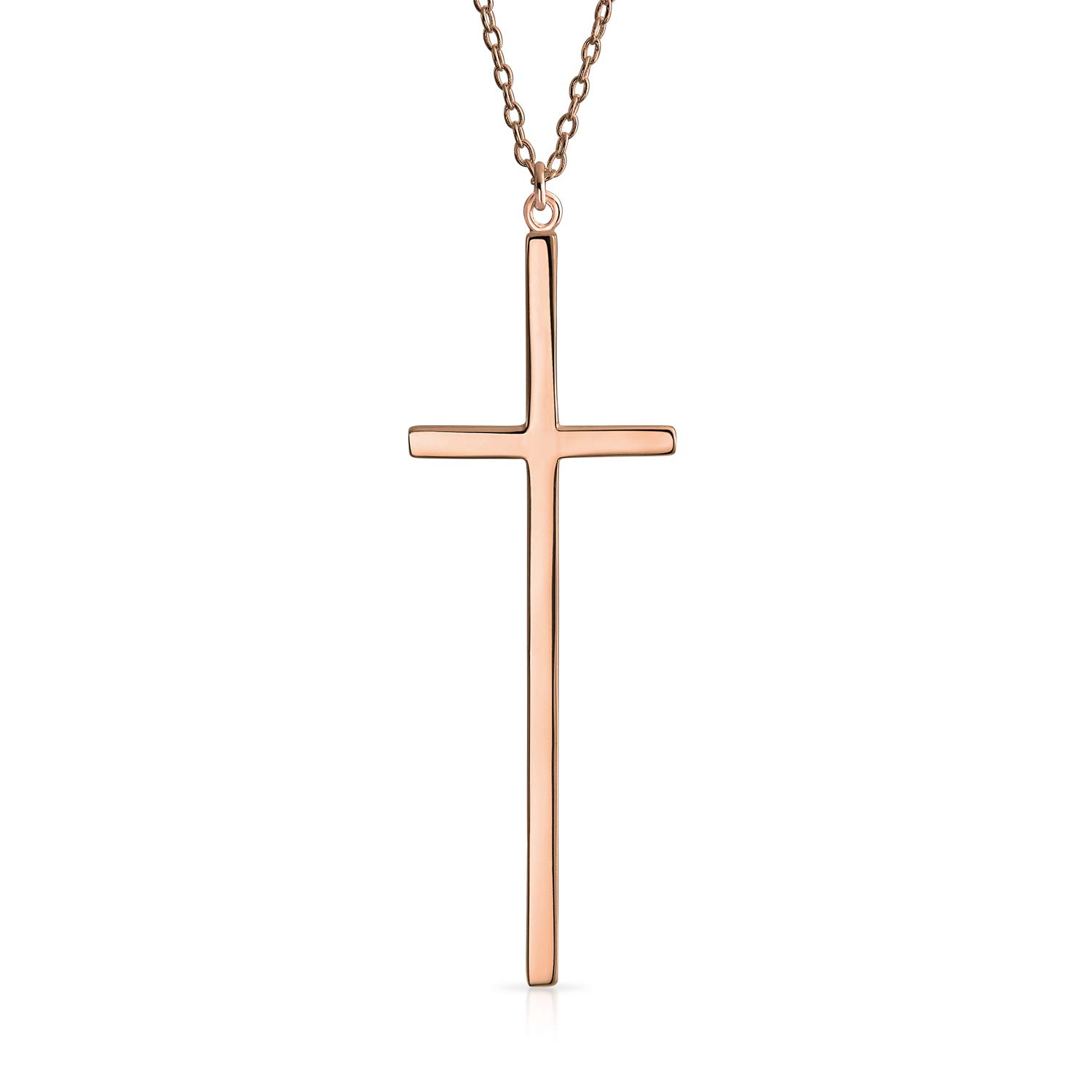 Bling Jewelry Collana Con Ciondolo Croce Latina Religiosa Semplice E Allungata Moderna Di Base Lunga Piatta Sottile Delicata Per Donne Adolescenti In Argento Sterling Placcato Oro Rosa