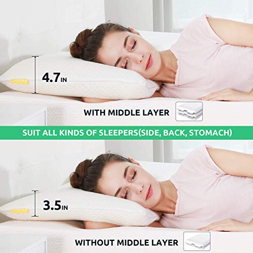 UTTU Sandwich Memory Foam Pillow Queen, Adjustable Three Layers Pillow, Supportive Pillow, Cooling Pillow, Reversible Pillow for Sleeping, Bamboo Viscose Cover - Queen