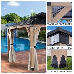   StarEcho-10x12-Wooden-Hardtop-GazeboWood-Heavy-Duty-Solid-Cedar-Gazebos-Whit-Mosquito-Netting-and-Waterproof-CurtainsOutdoor-Metal-Canopy-for-Backyard-Yardistry-Deck-Patio-Grey