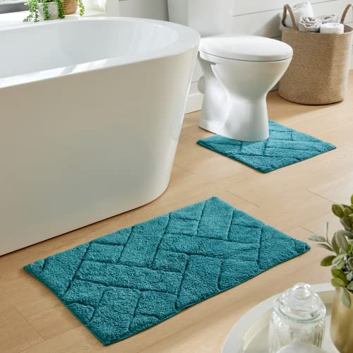 Olivia Rocco Bali 2 Piece Bath Mat Set Super Soft 100% Cotton Easy Care Plush Bath Rug + Toilet Mats Water Absorbent Pedestal Bathmat For Bathroom Toilet Shower, Teal - Cosy Home Interiors Olivia Rocco Bali 2 Piece Bath Mat Set Super Soft 100% Cotton Easy Care Plush Bath Rug + Toilet Mats Water Absorbent Pedestal Bathmat For Bathroom Toilet Shower, Teal - Image 2