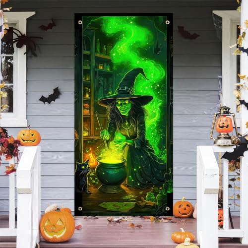 Image of BlissYard Halloween Door Cover Witch Potion Room 71 x 35 Inch | Polyester, Green Witch and Black Cat Potion Room, Haunted House Door Decor, Porch, Wall and Halloween Party Backdrop